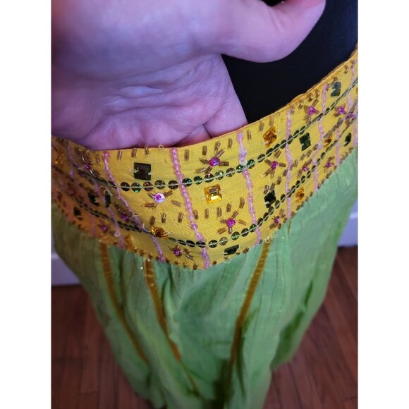 Green/Yellow Metallic Gold Jeweled Boho Midi Skirt L Hippie Gypsy Festival - Picture 6 of 9